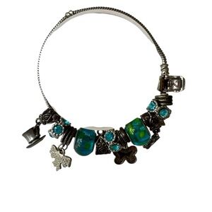 Silver Antique Tone and Blue Green‎ Charm Bracelet Boho Statement